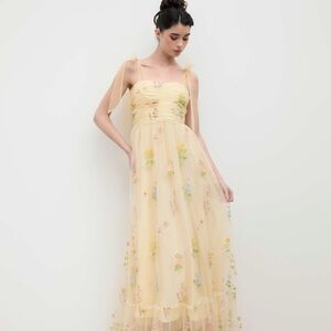 Cider Elegant Yellow Floral Embroidered Dress
